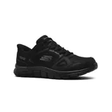 Zapatilla deportiva negra, modelo Track - Ezral, con parte superior de malla transpirable y capas sintéticas. Presenta tecnología Skechers Hands Free Slip-ins con almohada de talón para un calce fácil, plantilla de espuma viscoelástica refrigerada por aire y suela flexible que absorbe impactos.