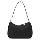 Cartera Guess modelo Celestia de color negro, confeccionada en símil cuero con diseño acolchado y grabado de la marca. Presenta herrajes dorados, detalle de cadena metálica en la correa superior y un detalle decorativo con el nombre de la marca en el frente. Cuenta con cierre superior y correa ajustable y desmontable.