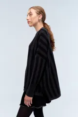 Sweater azul a rayas verticales en dos tonos de azul, de corte holgado y cuello redondo.