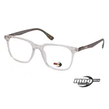 Anteojos de receta MDQ modelo Z06 con marco de acetato transparente y patillas con diseño geométrico en tonos oscuros.