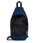 Morral tipo bandolera JanSport, color azul marino, con diseño ergonómico de una sola correa ajustable, compartimento principal con cierre y bolsillo frontal con logo de la marca.