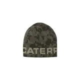 Gorro beanie Caterpillar reversible de punto, color negro con detalles en verde lima y logo bordado de la marca.