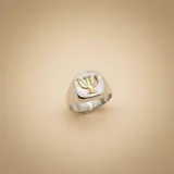 Anillo tipo sello de plata 925 con aplique de la letra griega Psi en oro 18k sobre una base texturizada.