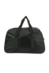 Bolso de poliéster color negro con bolsillo frontal y correa regulable.