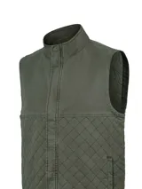 Chaleco verde militar RKF modelo Laurito, sin mangas, con cuello alto, cierre frontal oculto con tapeta y bolsillos laterales. Presenta diseño combinado con canesú liso en la parte superior y tejido capitoneado en rombos en la parte inferior.