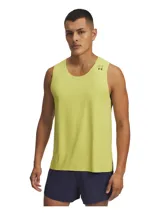 Musculosa deportiva Under Armour de running modelo UA Halo Run Tank, color amarillo lima, con cuello redondo y sisas lisas termoselladas. Presenta perforaciones láser laterales para mayor ventilación y el logo de la marca estampado en el pecho.