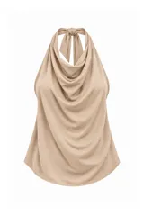 Top halter bordó con escote drapeado y lazo para atar al cuello.