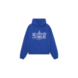 Hoodie oversize azul klein con capucha, bolsillo frontal tipo canguro y estampado gráfico en color blanco en el pecho con diseño de edificio y tipografía.