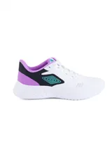 Championes de running Umbro, color blanco con detalles en negro, lila y turquesa.