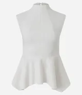 Blusa azul marino sin mangas de la marca Cortelle, con cuello alto, recortes estructurales y dobladillo estilo peplum asimétrico.