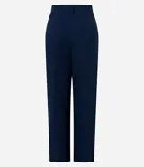 Pantalón de vestir azul marino, de corte amplio, con cintura alta, cinturón incorporado y cierre delantero.