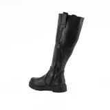 Bota de caña alta confeccionada en cuero negro, con suela track dentada y detalle de tirador en la parte superior de la caña.