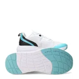 Championes deportivos Topper modelo Stance 3, de diseño ligero y transpirable. Presentan una base blanca con detalles en celeste y negro, con suela amortiguada y cierre de cordones.