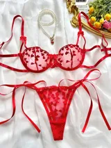 Conjunto de lencería rojo de dos piezas, confeccionado en tul semitransparente con bordados de corazones. Incluye corpiño con copa armada y bombacha colaless ajustable con tiras laterales terminadas en lazo.