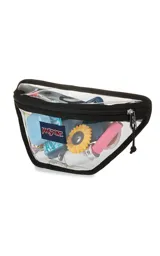 Riñonera transparente con bordes y cierre en color lila. Cuenta con el logo de la marca JanSport en el frente.