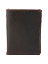 Billetera de cuero marrón con costuras a la vista, cierre imantado, ventana para identificación, seis ranuras para tarjetas, bolsillo interior con cierre y tecnología RFID.