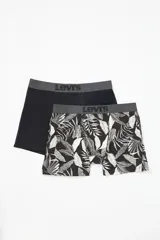 Pack de dos bóxers Levi's, uno negro liso y otro con estampado de hojas en blanco y negro. Ambos con cintura elástica gris con logo de la marca.