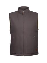 Chaleco para hombre color marrón oscuro, con cuello alto, cierre frontal de cremallera y dos bolsillos delanteros de parche con cierre de botón a presión. Presenta un logo de cuero en la parte inferior derecha.