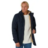 Campera azul marino con capucha forrada en sherpa, cierre frontal con botones, dos bolsillos en el pecho con solapa y logo de Rip Curl en parche de cuero sintético.