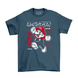 Remera de algodón color azul petróleo con estampa frontal de Super Mario en estilo retro, con tipografía japonesa y cuadrícula roja de fondo.