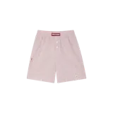 Short tipo bóxer de Eme Studios en patrón de cuadros vichy color rosado y blanco, con cintura elástica, etiqueta bordada en la parte frontal y botones decorativos.