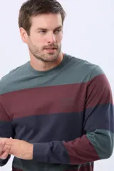 Remera de manga larga con diseño de franjas horizontales en tonos verde militar, bordó y azul marino, con cuello redondo y pequeño texto estampado en el pecho.