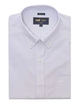 Camisa de hombre RKF, modelo Wrinkle Free PB-SPM25 Minisquare Purple. Corte regular, manga larga, cuello americano abotonado, bolsillo en el pecho con logo bordado y diseño a cuadros pequeños en tonos lila y blanco.