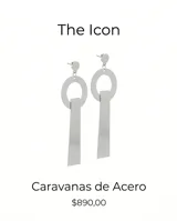 Caravanas colgantes de acero italiano con diseño geométrico compuesto por un círculo superior y una pieza rectangular alargada inferior.
