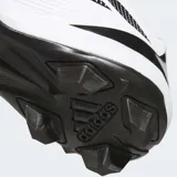 Championes de béisbol Adidas Impact 2.0, color blanco con las icónicas tres tiras en negro. Presentan una parte superior sintética resistente, forro textil y suela exterior de goma con tapones moldeados para mayor tracción en tierra y césped.