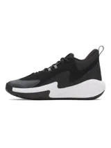 Championes de básquet Under Armour Curry 3Z 25 SDE, color negro con detalles en blanco. Presentan una parte superior que combina cuero y malla transpirable, con entresuela Charged Cushioning para mayor reactividad y suela de goma con patrón de tracción anatómico.