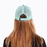 Gorro unisex de 6 paneles, color marrón con malla trasera celeste, visera curva, parche frontal con logo Merrell y ajuste snap trasero.