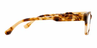 Armazón de receta con diseño rectangular y ángulos marcados, fabricado en bio-acetato con estampado carey claro.