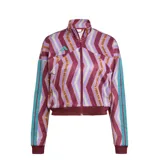 Campera deportiva Adidas de la colaboración con Farm Rio, con cierre frontal, cuello alto y diseño estampado de rayas en zigzag en tonos bordó, violeta y crema. Presenta detalles en turquesa en las mangas y puños y cintura de tejido acanalado.