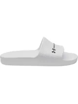 Sandalias Under Armour modelo Armour Slide Lite, color blanco con diseño moldeado de una sola pieza y textura en la tira superior, que incluye el logo de la marca en color negro.