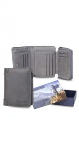 Billetera de cuero color marrón oscuro con broche metálico. Incluye monedero con cierre, compartimento para billetes y ranuras para tarjetas.