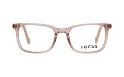 Lentes de lectura con armazón de acetato en tono rosado traslúcido, de diseño rectangular y estilo minimalista.