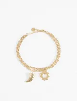 Pulsera plateada de doble cadena con dijes colgantes de acero quirúrgico hipoalergénico, con forma de cuerno y sol.