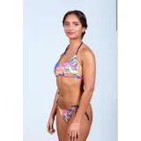 Bikini de dos piezas con estampado tropical vibrante en tonos neón. El top es de estilo deportivo con breteles finos y la bombacha es tipo tanga con tiras laterales ajustables.