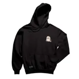 Canguro negro de algodón con capucha y bolsillo frontal tipo canguro. Presenta un pequeño estampado en el pecho que representa una lápida con un logo grabado.