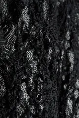 Top de encaje negro entallado, con escote en V pronunciado y mangas largas.