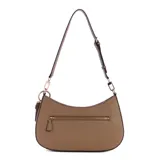 Cartera Guess modelo Noelle, tipo shoulder bag, color marrón con herrajes dorados y logo triangular en el frente. Incluye correa de hombro ajustable, cierre superior, bolsillo interno para móvil y ranuras para tarjetas.