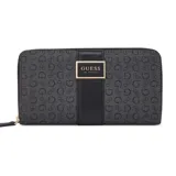 Billetera Guess modelo Isabella, color negro con estampado de monograma de la marca. Presenta una franja vertical central en material liso con placa metálica dorada que incluye el logo de la marca. Cuenta con cierre perimetral y diseño funcional con compartimentos internos.