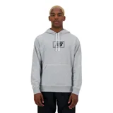 Buzo con capucha New Balance, color gris melange, con bolsillo frontal tipo canguro y logo de la marca estampado en el pecho dentro de un recuadro. Posee cordones ajustables en la capucha y puños acanalados.