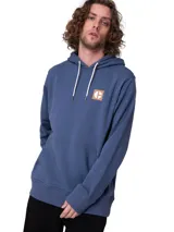 Buzo canguro de hombre Caterpillar en color azul, con capucha y cordones de ajuste blancos. Cuenta con bolsillo tipo canguro al frente, puños y dobladillo de punto acanalado, y un parche cuadrado con el logo de la marca en el pecho.