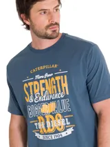 Remera de manga corta color azul con estampa gráfica en el pecho en tonos amarillos y blancos. Presenta cuello redondo y etiqueta pequeña con logo en el dobladillo inferior.