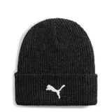 Gorro de lana Puma Classics Elevate Beanie color gris oscuro, con logo bordado en blanco.