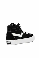 Championes de media caña Pony modelo 1189 Garden, de color negro con paneles en azul verdoso y detalles en blanco, incluyendo cordones blancos y suela de goma blanca.