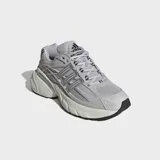 Championes Adidas Adistar Cushion XLG 2.0 de estilo deportivo, confeccionados en malla transpirable de color gris con detalles metálicos y reflectantes, entresuela chunky con tecnología de amortiguación y suela de goma.