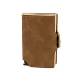 Billetera de cuero color marrón con sistema de apertura automática para tarjetas.