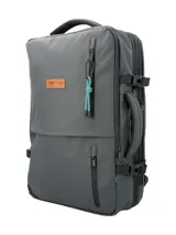 Mochila maletín gris RKF de poliéster reciclado repelente al agua, con tres compartimientos independientes con cierre, espacio para laptop de 15 pulgadas, triple bolsillo frontal, mango lateral, correas ajustables y broches laterales.